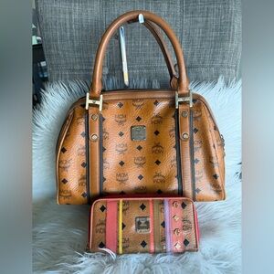 MCM Cognac and Red Satchel with Wallet